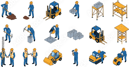 Construction workers and building equipment isometric icon set including excavator, forklift, scaffolding, concrete blocks and labor activities for engineering and construction site illustration.