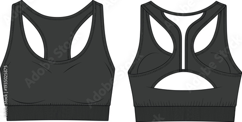 Black Women’s Sports Bra Technical Flat Sketch Vector Template with Racerback Cutout Detail Ribbed Underband and Contoured Front Seams for Activewear Fashion Design (25 words)