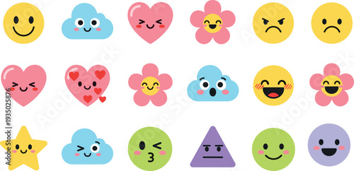 Cute emoji faces and kawaii icons collection with smile, heart, cloud, star and flower characters, colorful cartoon emoticon set for messaging, stickers and kids design