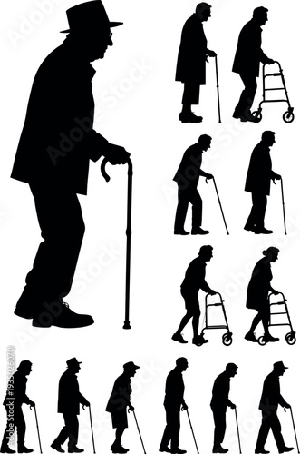 Elderly people silhouettes walking with cane and walker set isolated on white background representing aging, senior mobility, healthcare support concept
