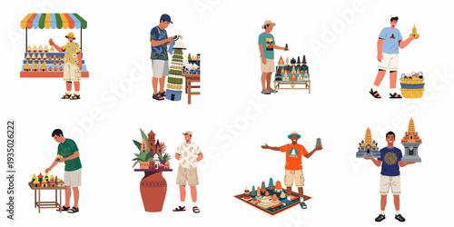 Tourists and Vendors with Miniature Temples and Pagoda Souvenirs at an Asian Market, Depicting Travel, Culture, and Handicrafts.