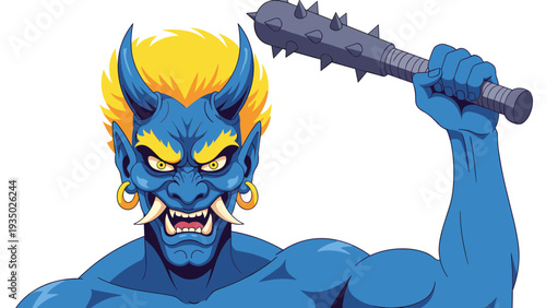 Ferocious blue demon or oni from Japanese folklore with yellow hair, horns, and sharp tusks holding a spiked iron club.