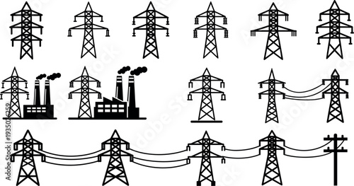 Electric power transmission tower silhouettes set with high voltage pylons, power lines and industrial energy infrastructure icons representing electricity distribution and grid network systems