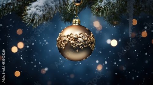 Wallpaper Mural Golden Christmas Ornament with Snowy Pine Branch Torontodigital.ca