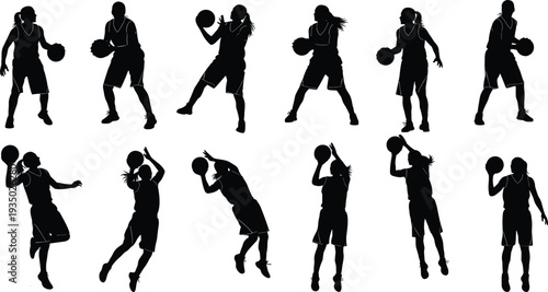 Basketball player silhouettes set showing dribbling, passing and shooting actions sports athlete vector illustration isolated collection for basketball training concept