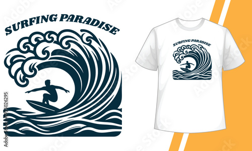 Canvas Print Surfing Paradise One Color Minimal Surfing Symbol with Ocean Wave Silhouette Vintage Style Graphic T Shirt Design for Summer Beach