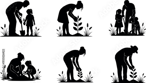 Family tree planting silhouettes showing parents and children gardening together, watering young plants, environmental care, eco lifestyle, nature education and sustainable family activity concept
