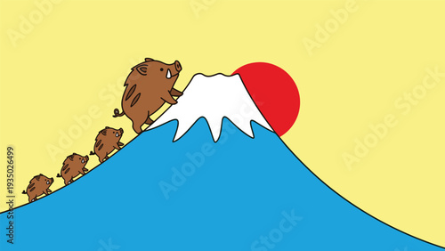 Family of wild boars climbing up a steep snowy slope of Mount Fuji towards the bright red rising sun in a clear yellow sky.
