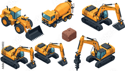 Heavy construction machinery collection including excavators, loader, cement mixer truck and drilling equipment with brick block, industrial vehicles isolated vector illustration set.