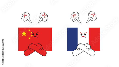 Anthropomorphic flags of China and France display anger and frustration with crossed arms, representing international trade conflict.