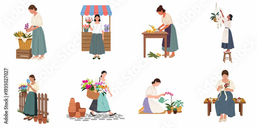 Illustrations of female florists and gardeners tending to, arranging, and selling beautiful flowers in various settings.