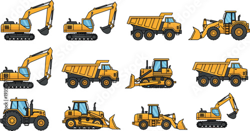 Heavy construction vehicles set including excavators, bulldozers, dump trucks and loaders representing industrial machinery for building, mining, roadwork and large engineering