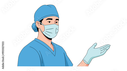 Professional male surgeon wearing blue medical scrubs and a face mask gestures with his hand to explain a clinical procedure.