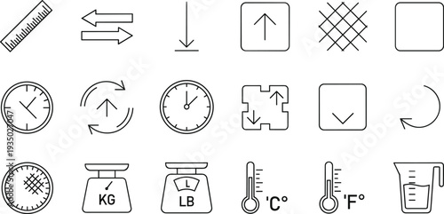 Measurement and Scale Icon Set with Ruler, Weighing Scale, Thermometer, and Directional Arrows