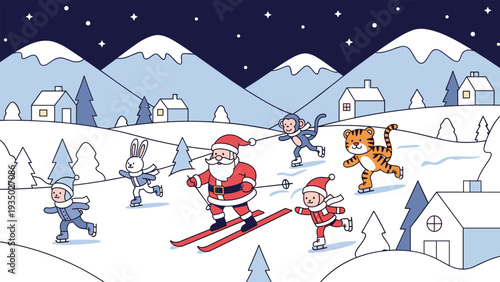 Jolly Santa Claus goes skiing alongside a group of friendly animals in a charming snowy mountain village at late night.