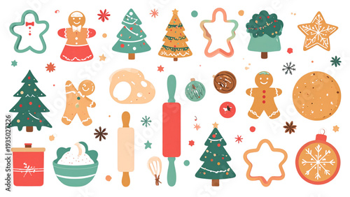 Baking Cookies with Rolling Pin and Cookie Cutter – Flat Vector Illustration of Kitchen Activity