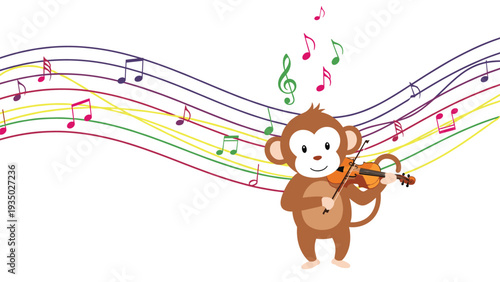 Cute little monkey plays the violin with passion as colorful musical notes and staff lines flow through the background.
