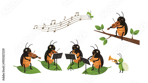Orchestra of cricket insects play violins and woodwind instruments while sitting on leaves with musical notes in the air.