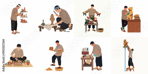 Traditional Asian woodcarvers diligently craft intricate animal sculptures and decorative items, showcasing various stages of their handmade artistry.