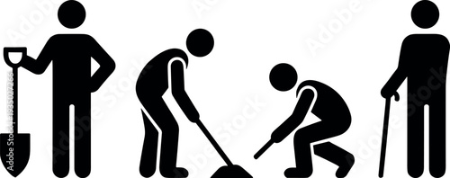 Human life stages silhouettes showing youth work, digging labor, and elderly walking with cane representing aging process concept