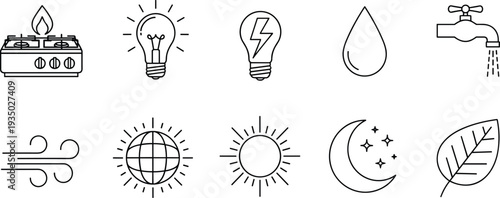 Natural elements and energy line icons vector set with fire light bulb water wind sun moon and leaf