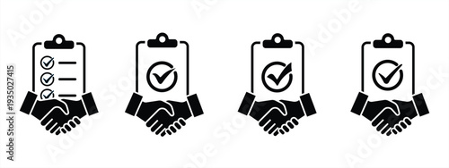 Set of contract or agreement vector icons. Arrangement, deal or partnership. Handshake with paper document. Vector 10 Eps.