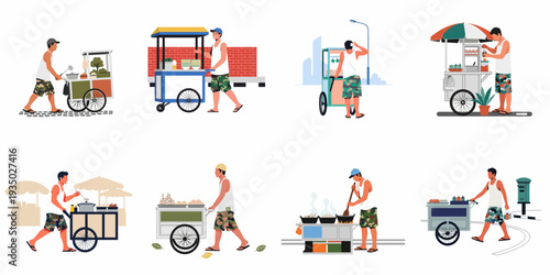 A collection of diverse street food vendors preparing and selling various dishes from their mobile carts in urban settings.