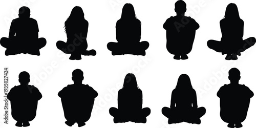 Black silhouettes of various men and women sitting cross legged on the floor in relaxed poses isolated on white background set.