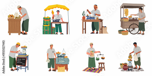 Illustrations of market sellers weighing fresh tropical fruits for customers at vibrant outdoor stalls and carts.