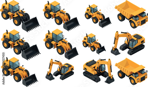 Isometric construction machinery set with wheel loaders, excavators and dump trucks representing heavy equipment vehicles for building, mining, earthmoving and industrial engineering projects