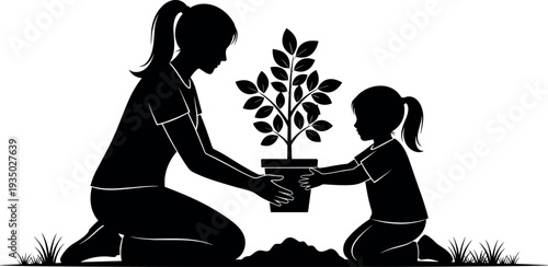 Mother and daughter planting young tree together silhouette representing family bonding, environmental care, gardening education, eco friendly lifestyle and nature conservation isolated on white 