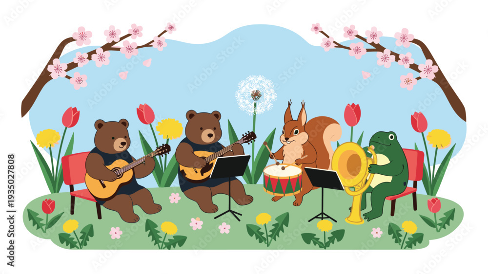 Naklejka premium Group of forest animals including bears and a frog play a concert together in a spring meadow full of dandelions and tulips.