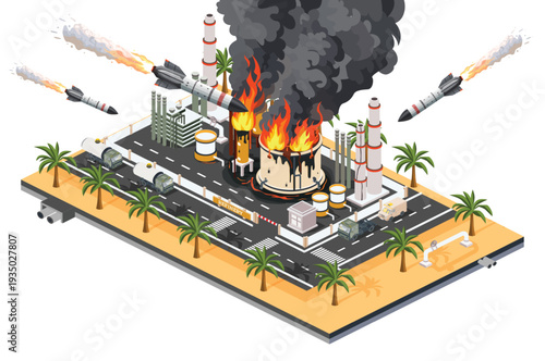 Consequences of missile strike on oil refinery in desert industrial zone, large explosions, massive fire and black smoke over petrochemical plant. Isometric illustration. Object isolated on white.