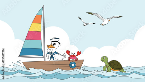 Brave duck sailor guides a small boat across ocean waves with a colorful sail alongside a friendly crab and a turtle.