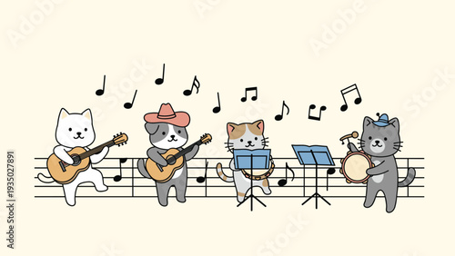 Playful cats and dogs form a musical band playing guitars and percussion against a background of musical notes and lines.