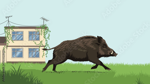 Powerful wild boar runs quickly through a grassy meadow in front of an old abandoned building covered in creeping vines.