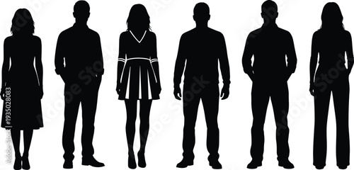 Black silhouette fashion figures diverse men women standing poses full body outlines dress pants suit casual modern vector illustration stock