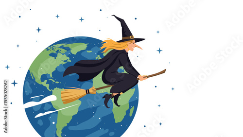 Classic witch flies on a wooden broomstick across a large blue globe of planet earth under a starry midnight sky.