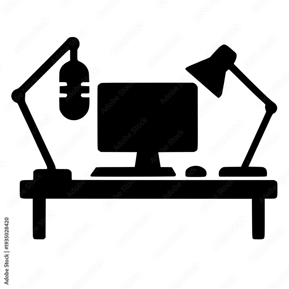 Fototapeta premium A sleek home studio setup featuring a computer, microphone, and desk lamp for recording or streaming.