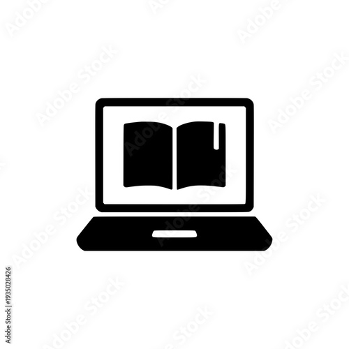 A laptop displaying an open book icon on its screen in black and white