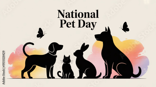 National pet day celebration with dog cat rabbit silhouettes and butterflies on colorful background