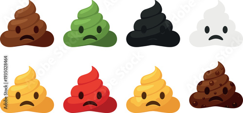 Set of colorful cartoon poop icons with sad faces in different colors including brown, green, black, white, yellow and red vector illustration collection.Set of 