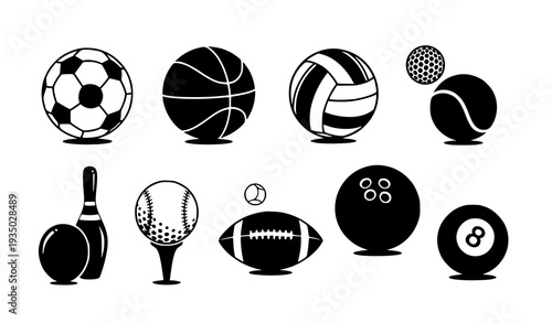 Black Sport Balls Icon Set Vector Isolated on White