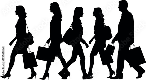 Shopping people silhouettes walking with bags isolated on white background, consumers carrying purchases, retail lifestyle, fashion shopping, urban buyers concept illustration
