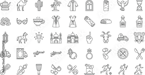 Hand Drawn Middle Eastern Culture Icon Set with Camel Mosque Lantern Food Traditional Symbols and Lifestyle Outline Vector Collection