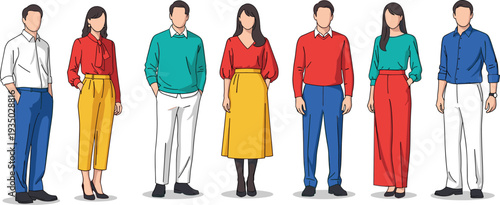 Diverse colorful fashion vector illustration of men and women in vibrant shirts, sweaters, blouses, wide pants, skirts, bold casual outfits modern style