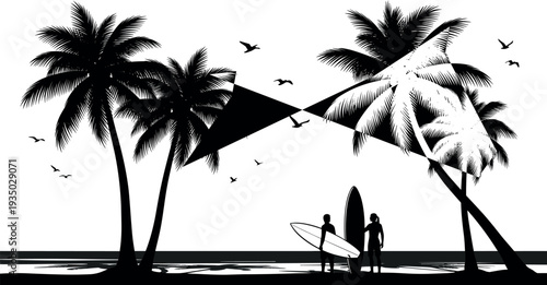 Tropical beach sunset silhouette with palm trees, flying birds and surfers holding surfboards by ocean shore, summer vacation seascape vector illustration for travel and adventure.