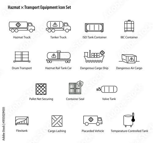 Hazmat × Transport Equipment Icon Set. / 危険物 × 輸送機器のシンプルなベクターアイコンセット。