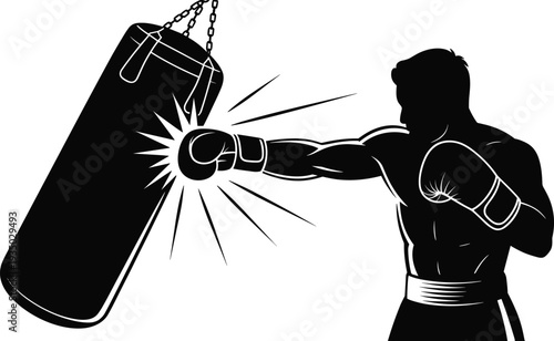 Boxer punching heavy bag silhouette vector illustration, boxing training workout concept with athlete and hanging punching bag isolated on white background