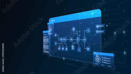 AI workflow automation artificial intelligence. ai agent network diagram dashboard system processing flow with automation pipelines, user input, coding and automation system.